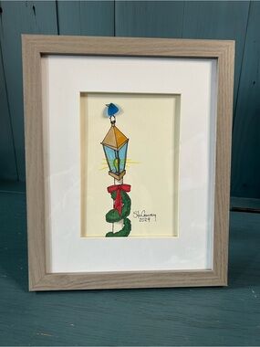 Framed Lantern Illustration Art Drawing in Blue, Gold, Red, & Green-Holiday2024